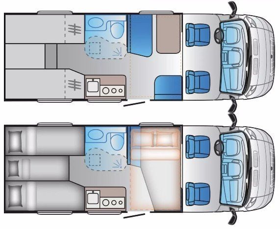 Obrázek zobrazuje dispoziční plán obytného auta. Interiér nabízí pohodlné sezení a spací prostor.