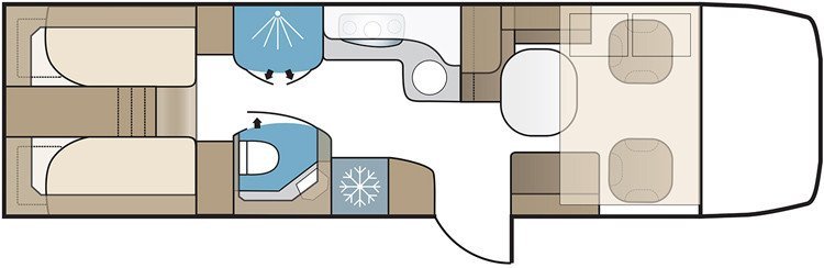 Obytné auto s moderním uspořádáním interiéru, zahrnující komfortní posezení a kuchyni.